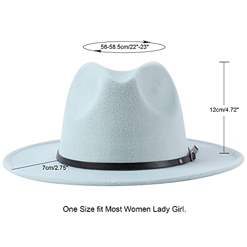 Lanzom Womens Classic Wide Brim Floppy Panama Hat Belt Buckle Wool Fedora Hat (One Size, Mint Green