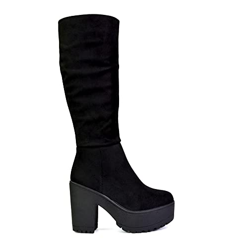 Essex Glam Womens Platform Knee High Boots Ladies Black Faux Suede Chunky Block Heel Zip Goth Biker 7 #TOP10