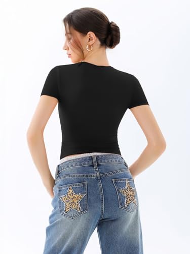 REORIA Women's Crew Neck Short Sleeve Tops Double Lined Slim Fit T Shirts Basic Tee3