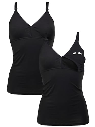 Herzmutter Camiseta Lactancia   Algodón   Top de Lactancia Materna   Ropa Mujeres Lactantes   Bustier Integrado   Set de 1 y 2 5420 (S, Negro, 2X)