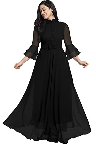 Buy EVERLEE Women's Traditional Ethnic Long Gown Western Dress with Collar  Neck Flare Sleeve Pattern (Medium, Black) at Amazon.in