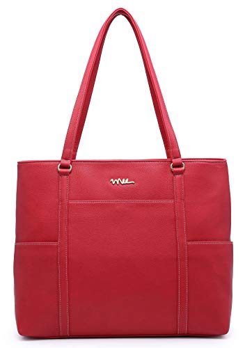 NNEE Classic Laptop Leather Tote Bag for 15 15.6 inch Notebook Computers Travel Carrying Bag with Smart Trolley Strap Design - Red