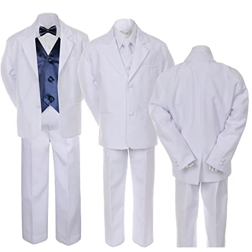 7pc Navy Vest Bow Tie Boy Baby Toddler Kid White Formal Suit Tuxedo S-20 (Medium (6-12 months))
