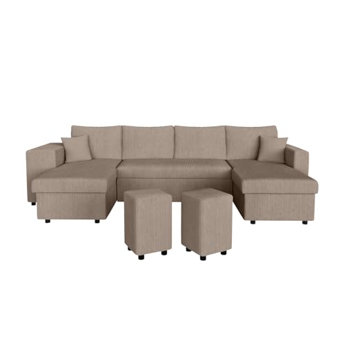 LOUNGITUDE Canapé d'angle panoramique Oslo Convertible avec 2 coffres et 2 poufs en Velours côtelé