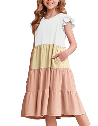 Arshiner Girl's Summer Dresses Ruffle Sleeve Tiered Swing Midi Casual Sundress with Pockets
