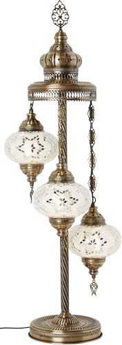 DEMMEX Lampe de sol et de table en mosaïque marocaine turque, faite à la main, style Tiffany avec 3 grands globes de 17,8 cm, 94 cm de haut, finition laiton antique
