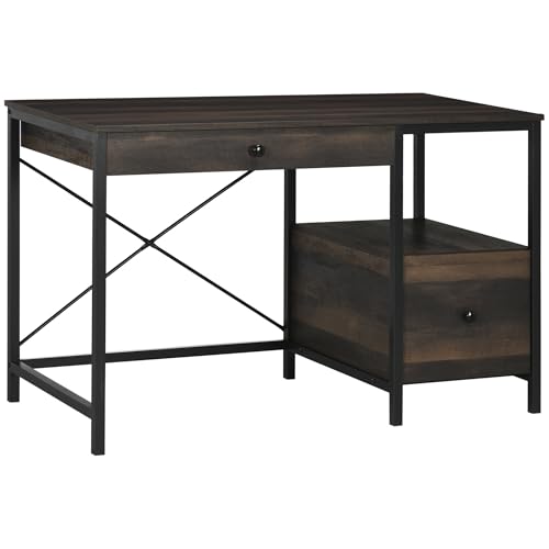 HOMCOM Industrial Style Home Office Desk with Filing Cabinet Storage Drawer for Letter Size Papers and Steel Frame, Black/Walnut