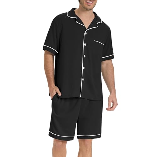 SIORO Mens Pajamas Set Short Sleeve Sleepwear Button Down Pjs Set Waffle Knit Loungewear Nightwear Shorts Set with Pockets3