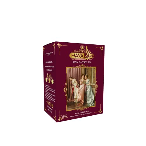 Haya Royal Saffron Loose Tea – 250g Pure Ceylon Black Tea with Iranian Saffron – Organic Long Leaf, Antioxidant-Rich, Caffeine-Free – Premium Tea Box