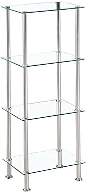 Modernique Glass Shelf Tier Storage Unit, Rectangular Shape in Black or Clear Glass with Chrome Stand, Shelving Unit (Clear, Tier 4)