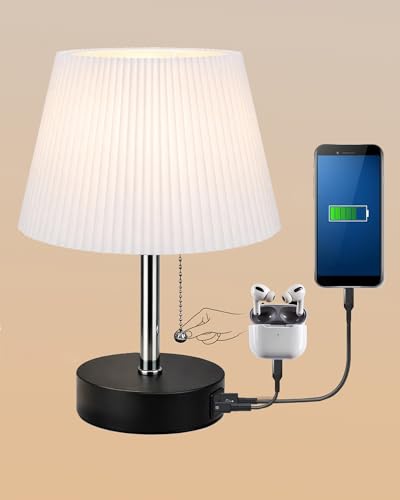 Image of Homesake Bedside Lamp for Bedroom Nightstand Table Light with USB A | C Charging Port, Desk Lamp, Pull Chain Light, Side Table Desk Reading Lamp, Living Room Gift, (White Frill)