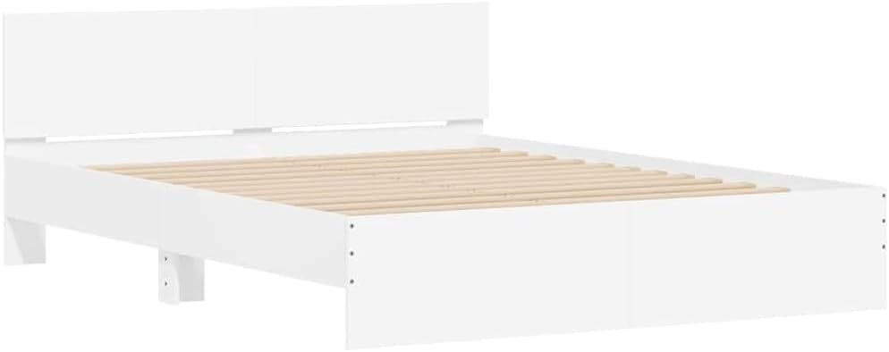 Bed Frame with Headboard White Engineered Wood 59.84 x 79.92 in Platform Foundation Slatted Durable Sturdy Heavy-Duty Modern Minimalist Bedroom Furniture Mattress-Support