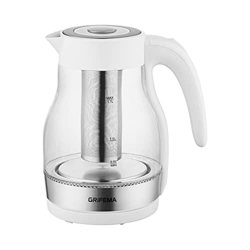 GRIFEMA GC1004, Theiere Electrique 1,7L/2200W Ébullition Chauffage Rapide, Bouilloire Electrique avec Filtre à Thé, Verre Clair, Lumière Bleue