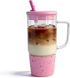 40oz Glass Tumbler with Lid and Straw, Clear Tumbler With Handle Silicone Sleeve, Leakproof Iced Coffee Cup, Large Travel Mug for Car Auto Cup Holder, Reusable Drinking Jar Glass Water Smoothie Pink