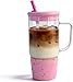 40oz Glass Tumbler with Lid and Straw, Clear Tumbler With Handle Silicone Sleeve, Leakproof Iced Coffee Cup, Large Travel Mug for Car Auto Cup Holder, Reusable Drinking Jar Glass Water Smoothie Pink