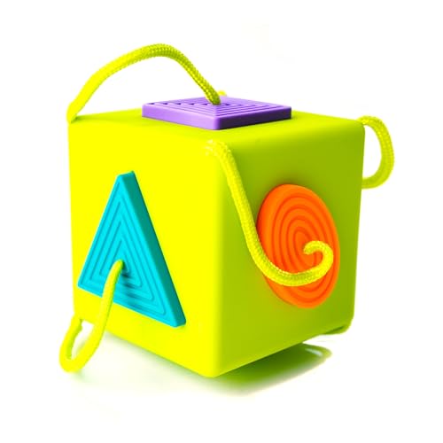 Image of Fat Brain Toys OombeeCube, Toddler and Baby Toys 10 Months and Up, Travel-Friendly Shape Sorter with Tethered Shapes for Early Learning