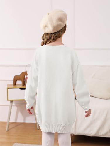 Image of Haloumoning Girls Sweater Dress Casual Crewneck Knit Long Sleeve Fall Winter Dress Pullover 5-14Y White