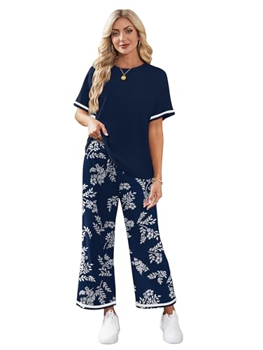 Sampeel Plus Size Lounge Sets for Women Two Piece Airport Travel Outfits Fashion Wide Leg Pants Matching Loungewear Sets Women\'s Teacher Summer Sweat Suit Beach Vacation Clothes