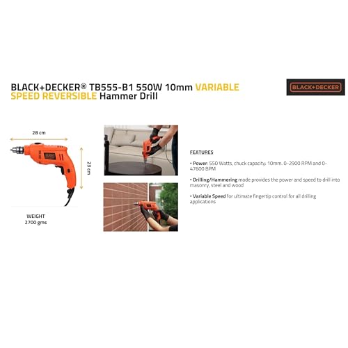 BLACK+DECKER TB555-B1 550W 10mm Corded Variable Speed Revers...