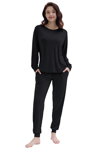 Joyaria Womens Bamboo Viscose Pajamas Jogger Pants Lounge Set Night Sweats Pjs(Black, Large)