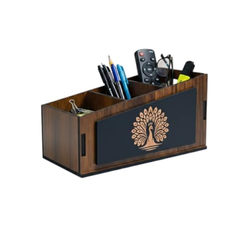Image of POSHIO Wooden Remote Stand | 3-Section Desk & Table Organizer | Sturdy Engineered Wood | Remote, Stationery & Small Item Holder for Home & Office | Gift item | (7.1 x 4 x 4 inches, Peacock print)