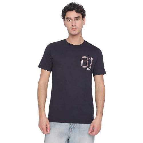 Image of GUESS Smart Blue Solid Round Neck Short Sleeves T-Shirt