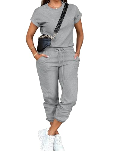 PINSV Women's 2 Piece Outfits Tracksuit Sets Short Sleeve Tops Jogger Pants with Pockets2