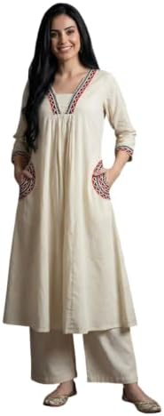 Hiva Trendz Women’s White A-Line Khadi Cotton Embroidered Kurta