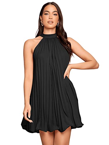 Sweatyrocks Women'S Sleeveless Tie Back Halter Dress Mini Swing Pleated A-Line Skater Dress Solid Black M thumb #2