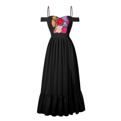 ABEHIK Mexican Dress for Women Traditional Floral Embroidered Off Shoulder Spaghetti Straps Split Ruffle Folk Fiesta Long Maxi Dresses Casual Sleeveless Beach Vacation Cinco de Mayo Outfit Black S