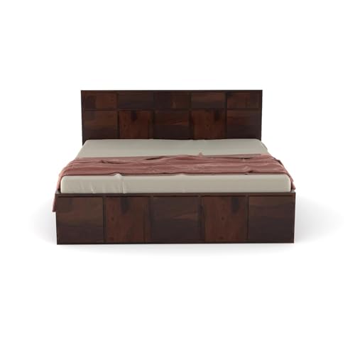 Image of Solid Sheesham Wood King Size Bed with Storage | Modern Wooden Bed with Box Storage | Strong Durable Bed Frame with Designer Headboard | Ideal for Bedroom Home & Hotel (Walnut Finish)