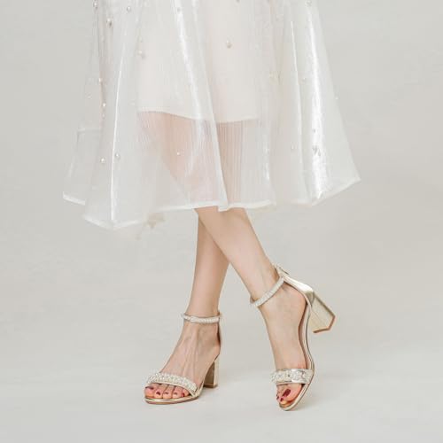 Image of Women's Heels Sandals for Women Open Toe Fashion Pearls Platform Heeled Sandals Ankle Strap Block Chunky Low Heel Pump Sandal Party Wedding Dress Shoe