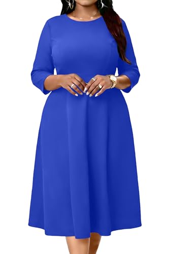 Image of Runwind Women's Plus Size Midi Dress Classy High Waist Wedding Guest Dress Casual Crew Neck 3 /4 Sleeve A-Line Swing Dresses