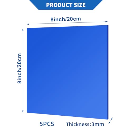 Image of 5 Pcs 8 x8 Inch Blue Acrylic Mirror Sheet, 1 /8 Inch Thick Opaque Glossy Mirror, Plexiglass Mirror Sheets with Protective Film, Rigid Mirror Acrylic Sheets for Sawing, DIY, Laser Cutting and Engraving