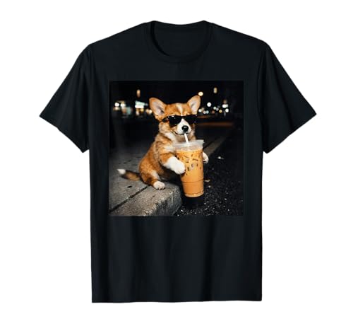 Funny Corgi Drinking Iced Coffee Cute Dog Meme Humor T-Shirt