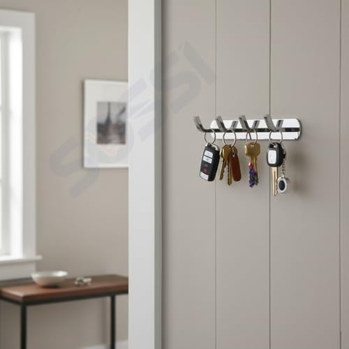 Image of SOSSI 4-Pin Cloth Hanger, Wall Mounted Hook Rail with 4 Hooks for Bathroom /Kitchen /Key Holder, Stainless Steel Cloth /Towel Hanger Pack of 2 (Chrome Finish)