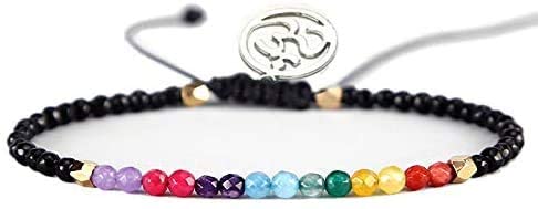 ZWHJK Bracelet 12 perles en pierre porte-bonheur simple 3 mm perles réglable bohème bouddhiste femme 7 chakras bracelet yoga Om charm #C Cover