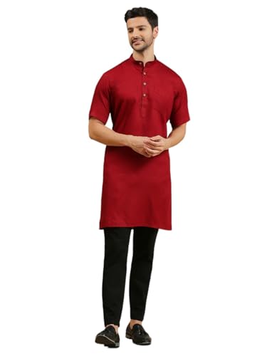 Image of Rajubhai Hargovindas Men's Pure Cotton Woven Design Half Sleeve Kurta