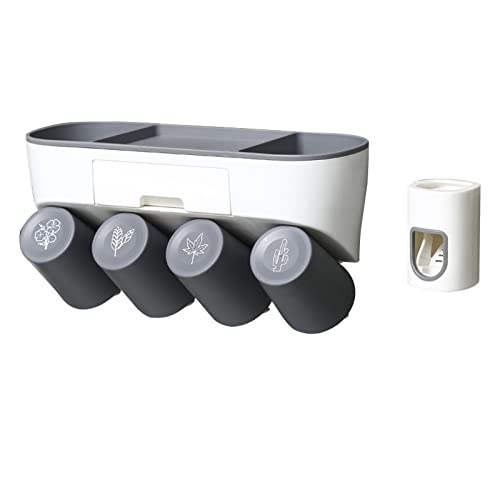 Porte-brosse à dents mural gris à 4 tasses et distributeur dentifrice avec tiroir