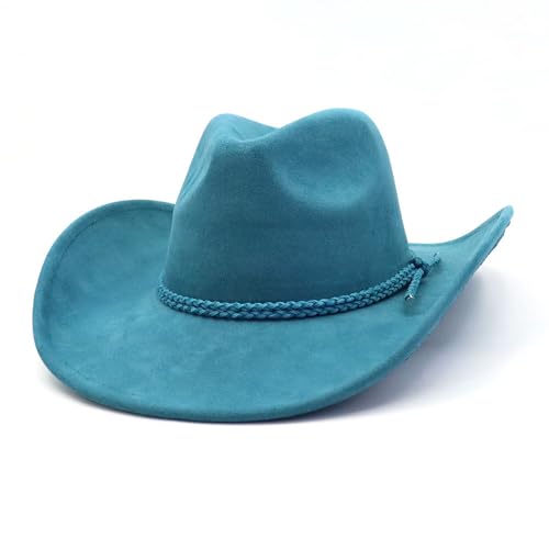 Image of Western Cowboy Hat for Women Men Wide Brim Cowboy Hat for Women with Woven Buckle Belt Suede Classic Fedora Hats