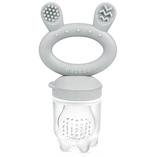 Image of haakaa Baby Food Feeder/Fruit Feeder Pacifier Silicone Baby Feeder for Babies Infant Teething Toys for 4 Months+ BPA Free, with Pouch Cover(1 Pack, Slate Grey)