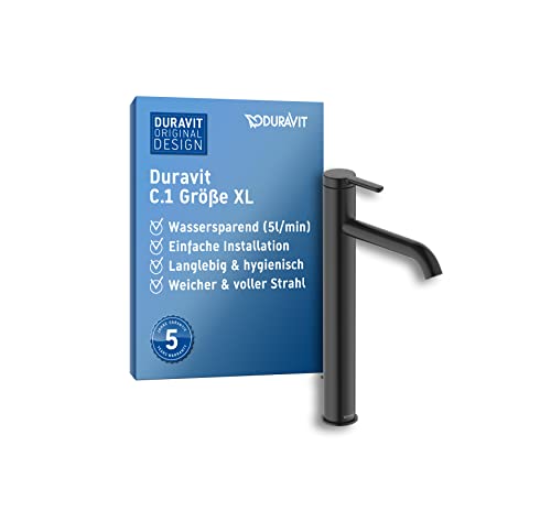 Duravit C.1 Waschtischarmatur, Größe XL (Auslauf Höhe 233 mm). Wasserhahn Bad mit Zugstangen-Ablaufgarnitur, Schwarz Matt