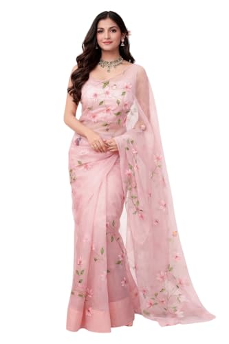 NoseQueen Women's Floral Design Hand Brush Painted Organza Saree with Blouse
