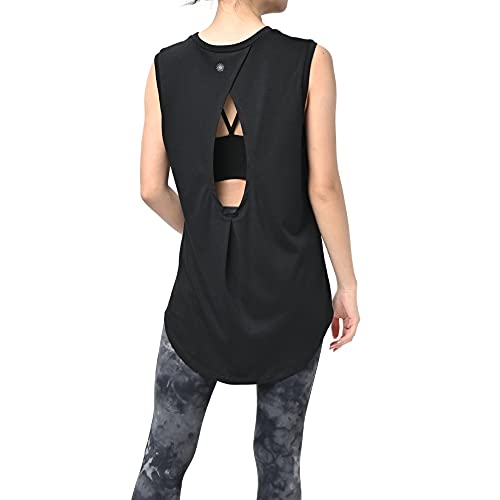 ヨガウェア レディース トップス タンクトップ ロング丈 丈長 体型カバー バックデザイン ストレッチ おしゃれ かわいい ブランド 631 (ブラック, Ｆ)