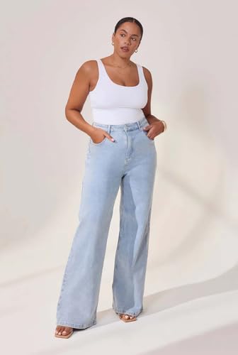 Image of KOTTY Women's High Waist Wide Leg Button Coin Pocket Straight Fit Jeans Stylish Regular to Plus Size Fit Denim Jeans for Women