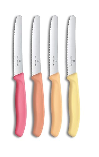 Victorinox Swiss Classic Frühstücksmesser, Brötchenmesser, Set 4teilig, Scharfe Klinge, Wellenschliff, 11 cm, Rostfreier Stahl, Pink, Orange und...