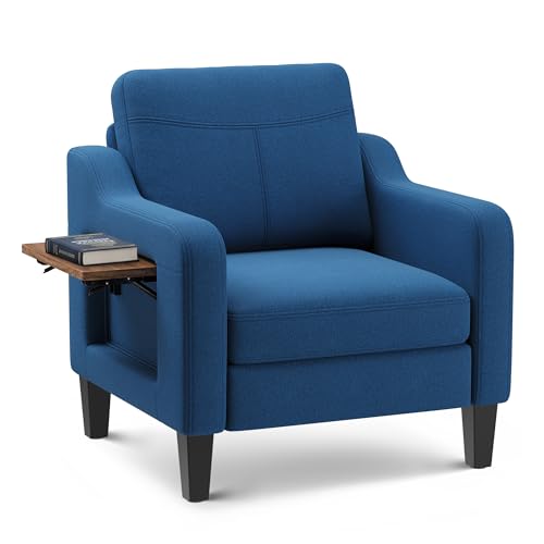 Accent Chair for Living Room Modern Linen Upholstered Armchair Side Wooden Fabric Sofa Chair with Foldable Table 2 Side Pockets Comfy Reading Chair for Bedroom