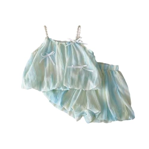 HEOXIN Ensemble de vêtements pour bébé fille, 2 pièces en maille nœud avec nœud et bretelles décoratives, haut sans manches, short extensible, tenue plissée, vêtements d'été pour filles, bleu, 1-5 ans