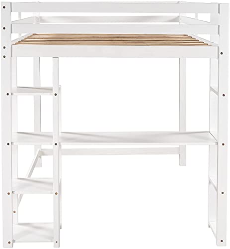 Dnyn Full Size Loft Bed With Desk & Shelves & Ladder For Kids/Adults,Wooden Bedframe,High Loftbed With Safety Guardrails,No Box Spring Needed,79.3"×58.5"×65.4", White #TOP6
