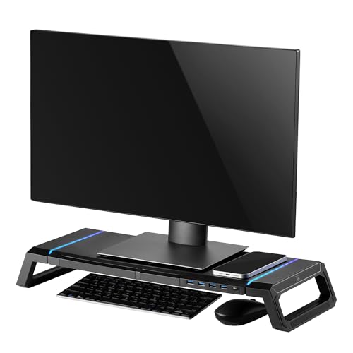 Ewent Monitorständer, RGB Monitor Riser, Klappbar, Smartphone- und Tablet-Halterung mit Ablagefach und 4 USB Anschlüsse, Ergonomischem Druckerständer für Laptop, Computer, Notebook, iMac, PC, Schwarz